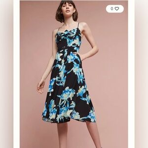 Yumi Kim Black and Blue Floral Silk Midi Dress